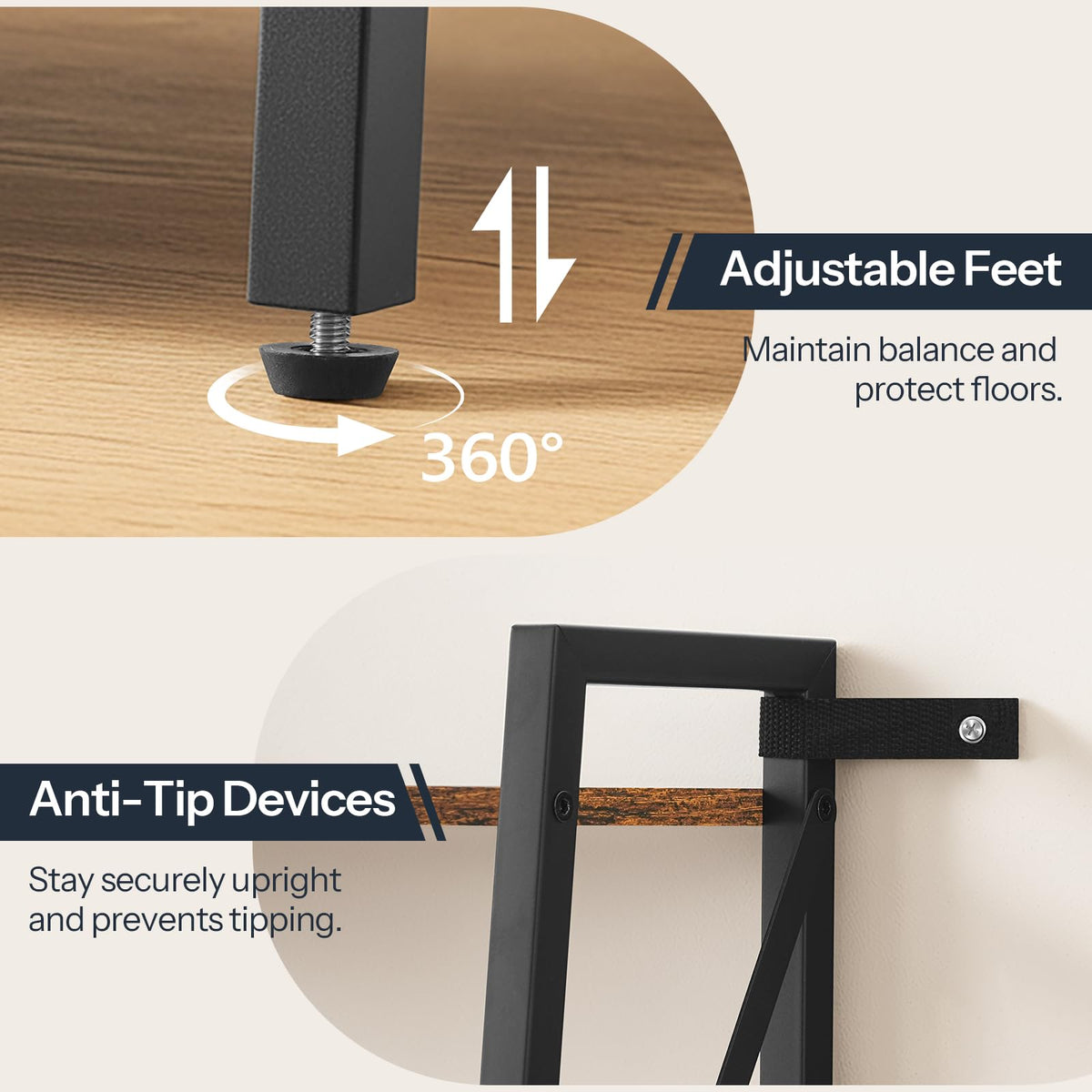 HOOBRO Ladder Shelf, 3-Tier Bookshelf, Corner Bookcase, Small Bookshelf with Metal Frame, for Living Room, Bedroom, Home Office, Kitchen, Rustic Brown and Black BF303CJ01