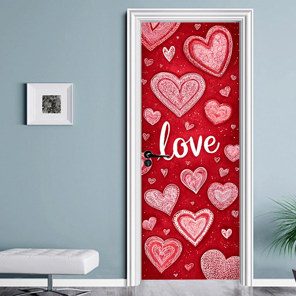 WDESYADMS Valentine’s Day Door Sticker 30.3x78.7 Inch PVC Self Adhesive Red Heart and Love Design Peel and Stick Decorative Door Decal for Bedroom Living Room Entryway Romantic Decor