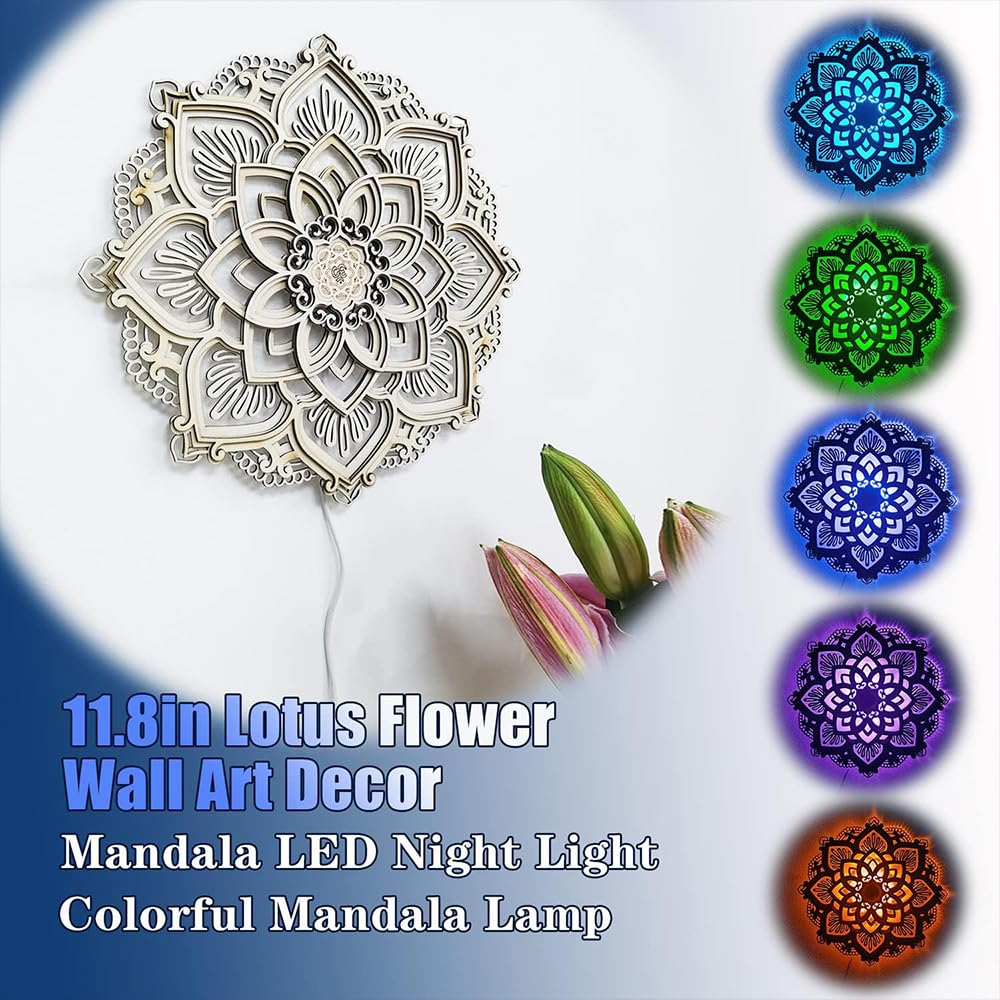 jvsufuik Mandala Wall Decor, Lighted Mandala Wall Art with LED Light, Lotus Flower Wall Art Decor, Boho Wooden Flower Night Light, Meditation Wall Hanging, Bohemian Yoga Home Decoration