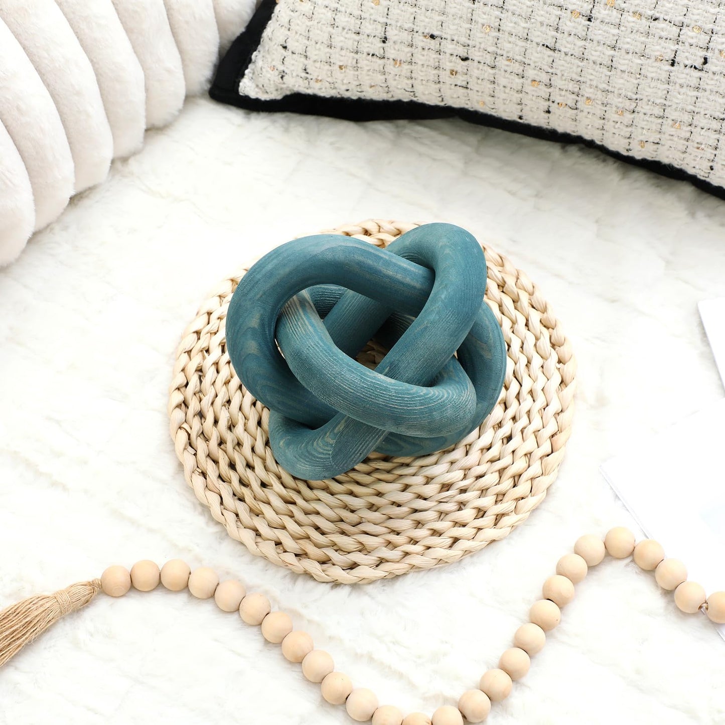 Yalikop 3 Link Wood Knot Decor Rustic Home Décor Accents Hand Carved Coffee Table Decoration, Boho Chain Link Decoration, Modern Shelf, Rustic Objects for Home Living Room Bedroom(Blue)