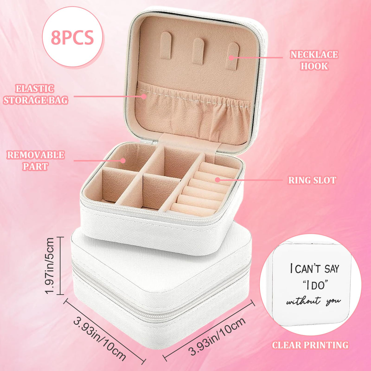 8 Pack Small Jewelry Box Bridesmaid Proposal Gifts, Pu Leather Potable Travel Jewelry Case Bridesmaid Gifts, Rings Necklaces Earrings White Storage Box for Women Bridal Shower Engagement Wedding
