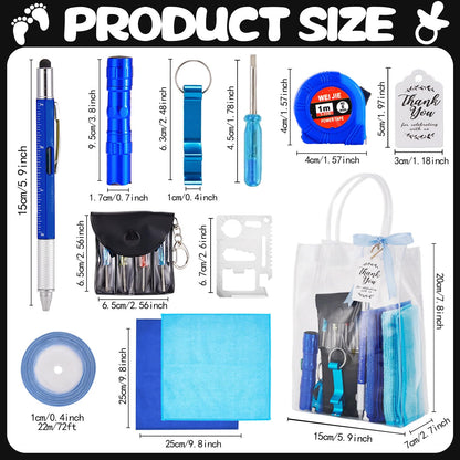 Wishfond 60PCS Baby Shower Prizes for Men 6 Set with Cleaning Cloth Bottle Opener Screwdriver Tape Measuring Keychain Multi Tool Pen Gift Bag Baby Shower Game Prizes for Winner Bachelor Party (Blue)