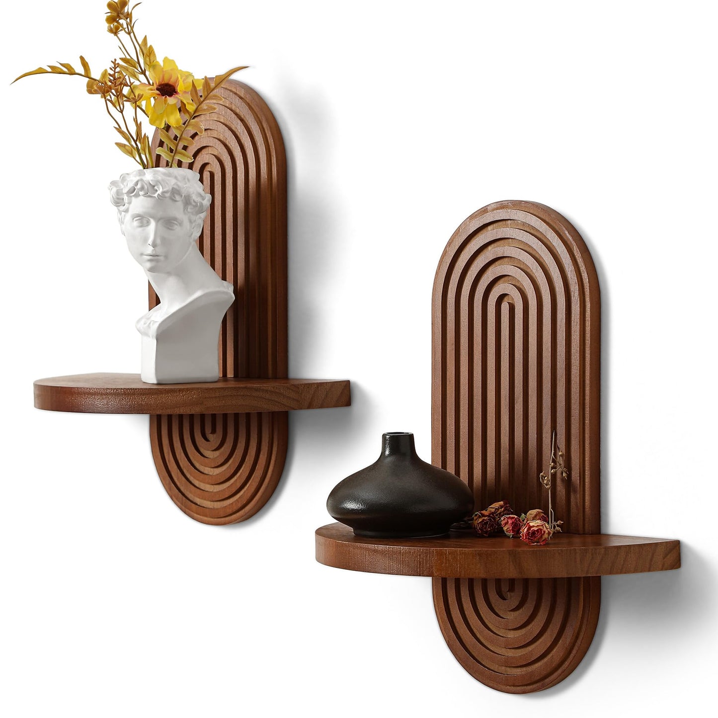 GRID FORTE Modern Wall Shelf (Set of 2) with Arched Wood Design Mid-Century Single Floating Rainbow Shelves for Indoor Decoration Holding Planter Ornaments, 14 x 11.6 Inch (Walnut)