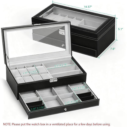 TomCare Watch Box Watch Case Jewelry Organizer Holder Jewelry Display Box Case Sunglasses Storage Organizer Lockable with Glass Top and PU Leather for Men Women, Black