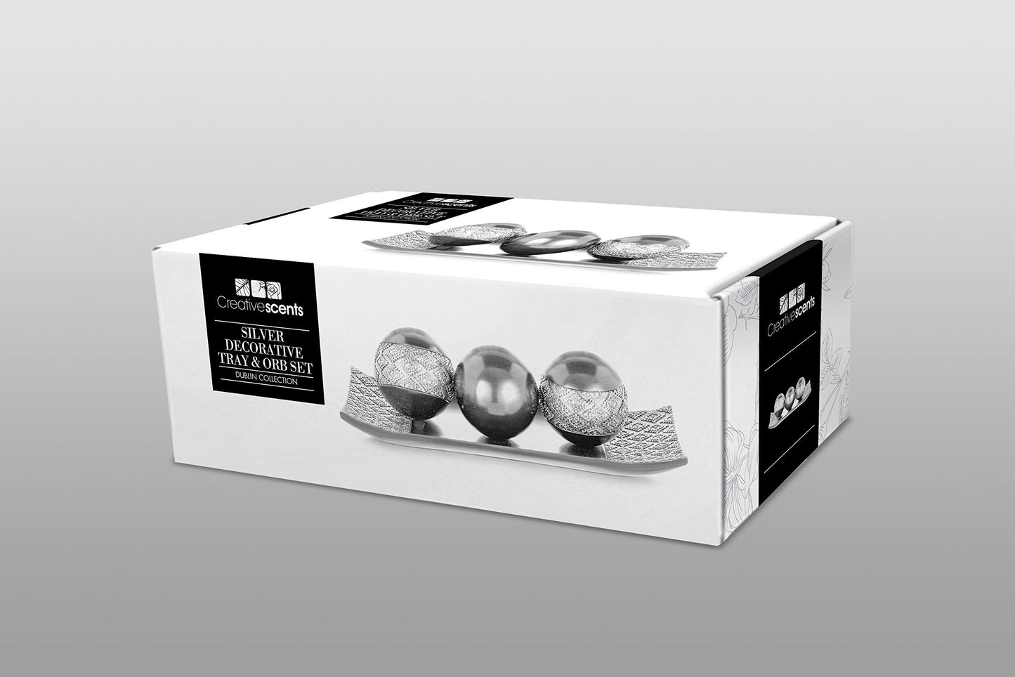 Creative Scents Dublin Silver Centerpiece Tray with three matching orbs and a set of three vases – perfect for coffee table decor in the living room or dining room