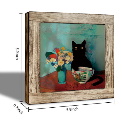 Cute Black Cat Tabletop Sign Wooden Box Decor, Funny Animal Oil Painting Style Desk Accent, Whimsical Pet Shelf Decor, Gift for Cat Lovers or Animal Enthusiasts