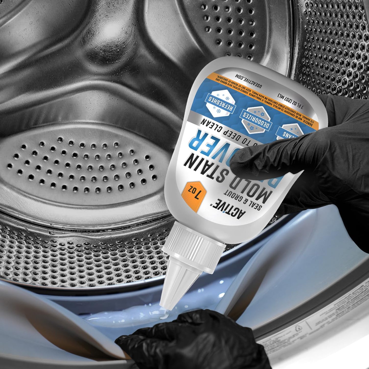 Mould Stain Remover Gel Cleaner - ACTIVE Heavy Duty Stain Cleaner for Front Loader Washing Machine Seal, Rubber Gasket, Bathroom Grout, Shower, Caulk - Front Load Washer Cleaning Solution - 7 Fl Oz