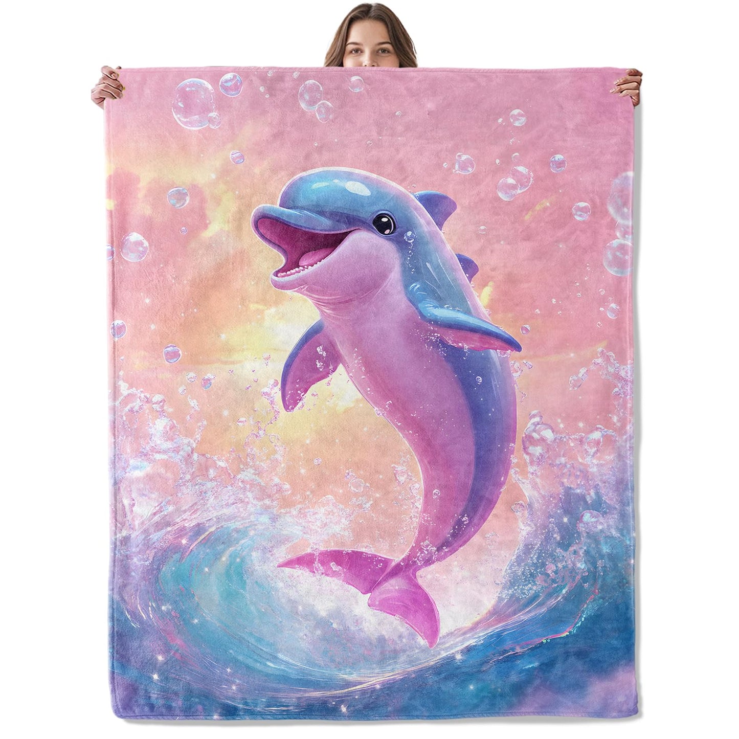 Lugiu Cute Cartoon Dolphin Blanket, Lightweight Comfy Pink Sunset Waves Blankets for Couch Sofa Bedroom, Soft Plush Travel Flannel Throw Blanket Gifts for Adults Women Kids, Home Decor 60×50in