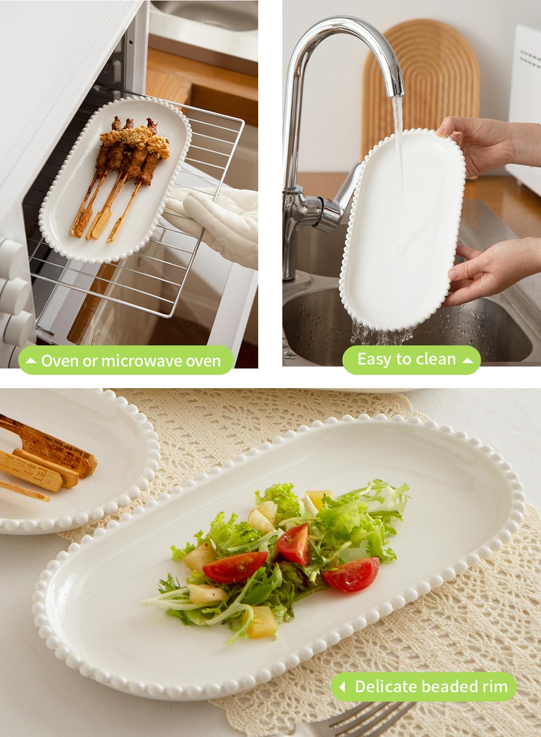 TAMAYKIM 12 Inch Porcelain Serving Platters Set of 6 - White Ceramic Trays with Beaded Edge, Oval Serving Plate for Steak, Taco, Sushi, Appetizer, Cake - Dishwasher & Oven Safe