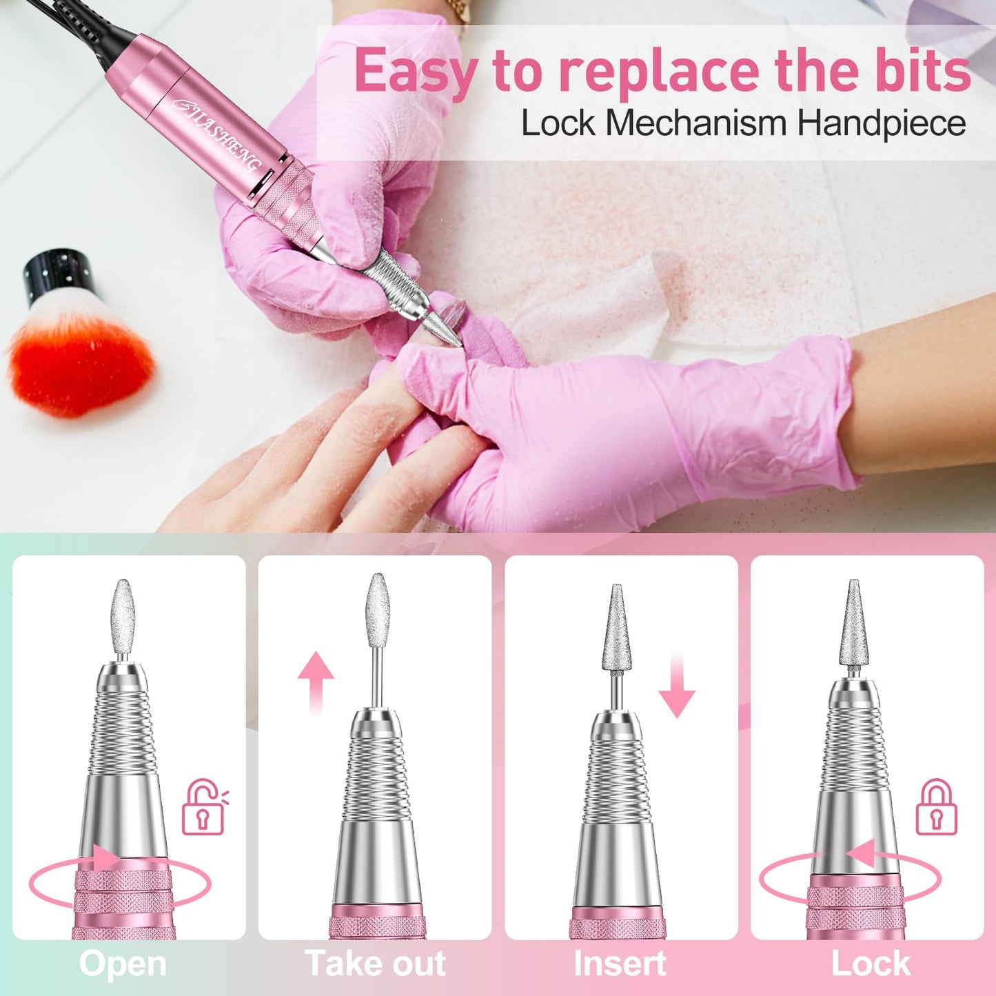 20000RPM Electric Nail Drill Professional Nail File Drill Acrylic Nails Kit for Manicure Gel Nail Polish Remover with 1 Pack of Sanding Bands(Pink)