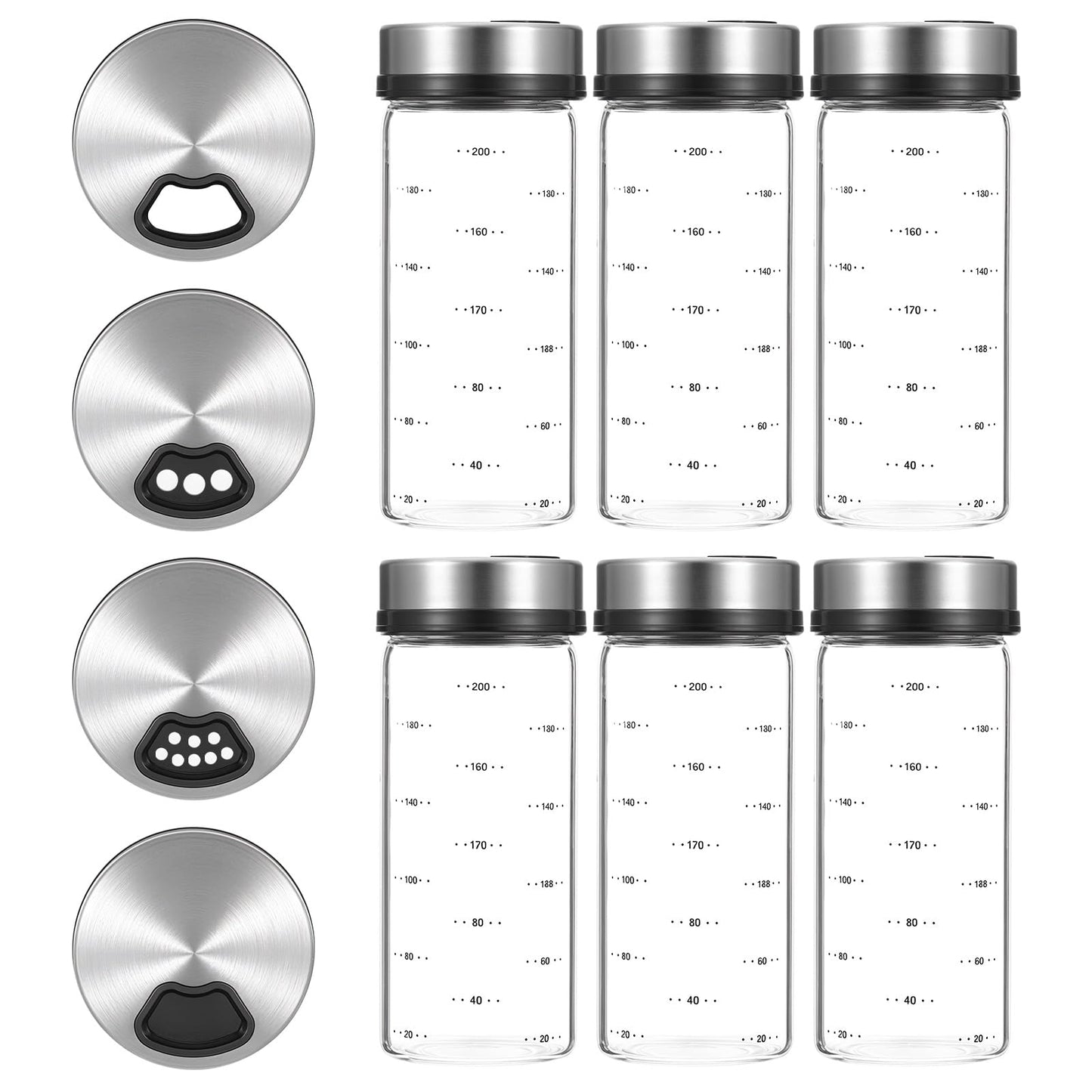 6 Pack Glass Spice Jars, 7 oz Salt and Pepper Shakers with Adjustable Pour Holes - for Seasonings, Herbs, Powders, Glitters