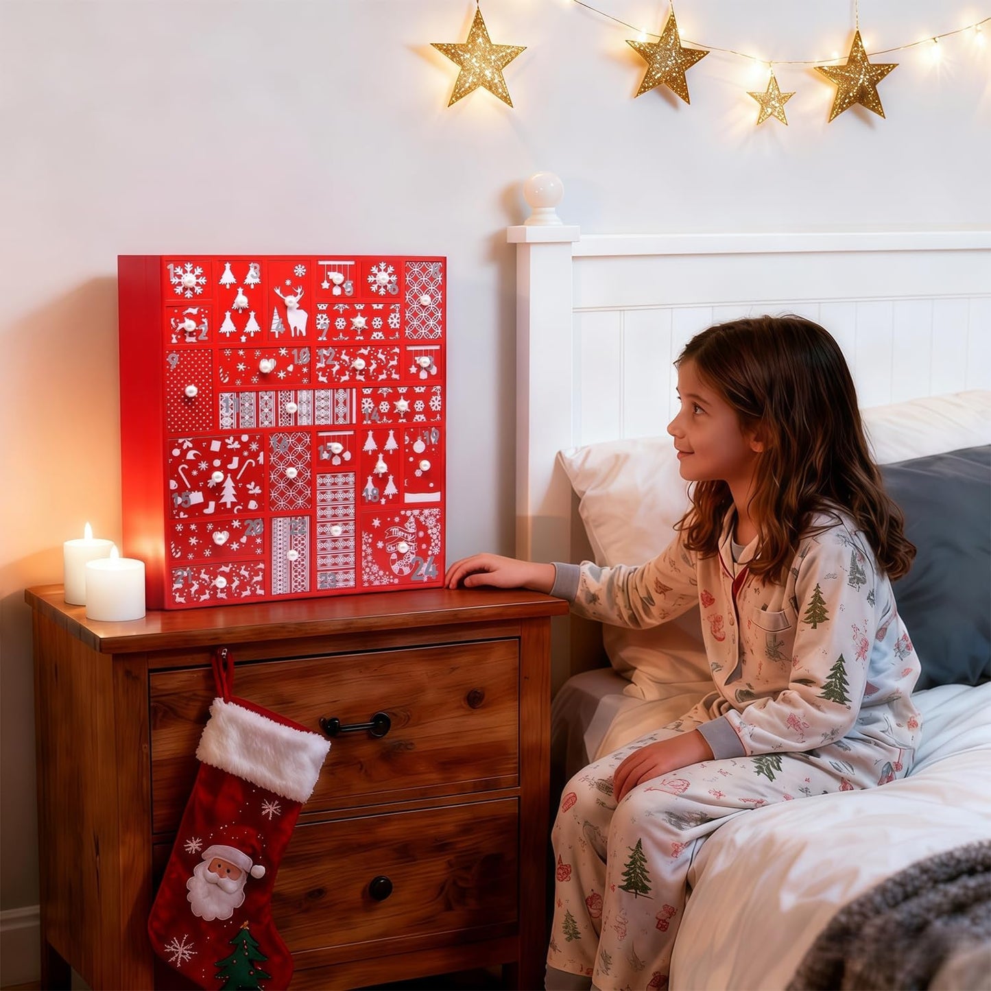 Juegoal Red Advent Calendar with 24 Drawers Countdown to Christmas, Refillable Wooden Advent, Christmas Gift for Children, 15 Inches Tall