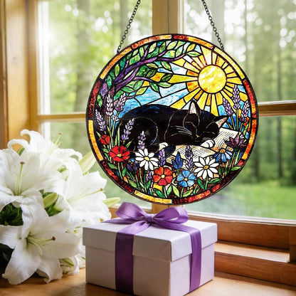 Riletese Stained Glass Window Hanging – Cat & Book Lover Gifts for Women Men, Sleeping Cat Suncatcher, Glass Ornament for Reading Room Home Garden Decor, Christmas Mother's Day Birthday Gifts, 8 Inch
