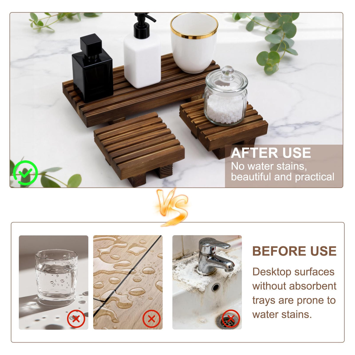 Klunk Waterproof Wood Risers Set of 3 (1 Long 8.7" + 2 Small 3.6"), Rustic Countertop Organizer Display Stands for Bathroom Vanity, Perfume & Skincare, Kitchen Spice Rack Riser, Farmhouse Decor