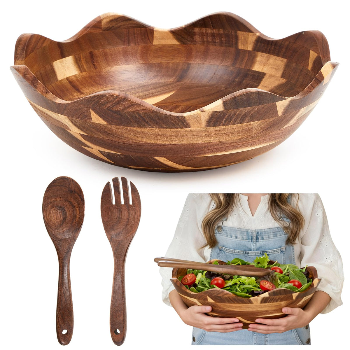 Geiserailie 15 Inch Acacia Wood Salad Bowl Set Extra Large Scalloped Farmhouse Serving Bowl with 2 Wooden Spoons Handmade Mixing for Fruit, Pasta, Entertaining, Wedding Registry, Kitchen Decor