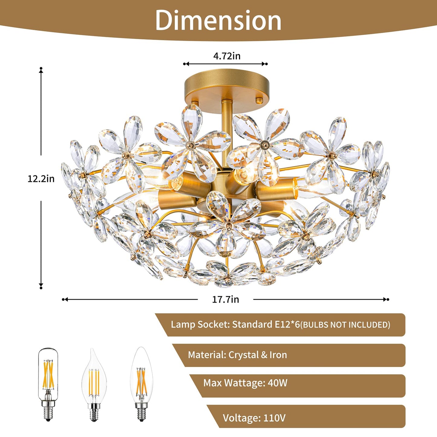 LOHOZOM Bedroom Flower Ceiling Light, Brass Gold Flush Mount Chandelier,17.7inch 6-Light Modern Crystal Closet Ceiling Light Fixture for Kitchen Girl Room Hallway Entryway Foyer