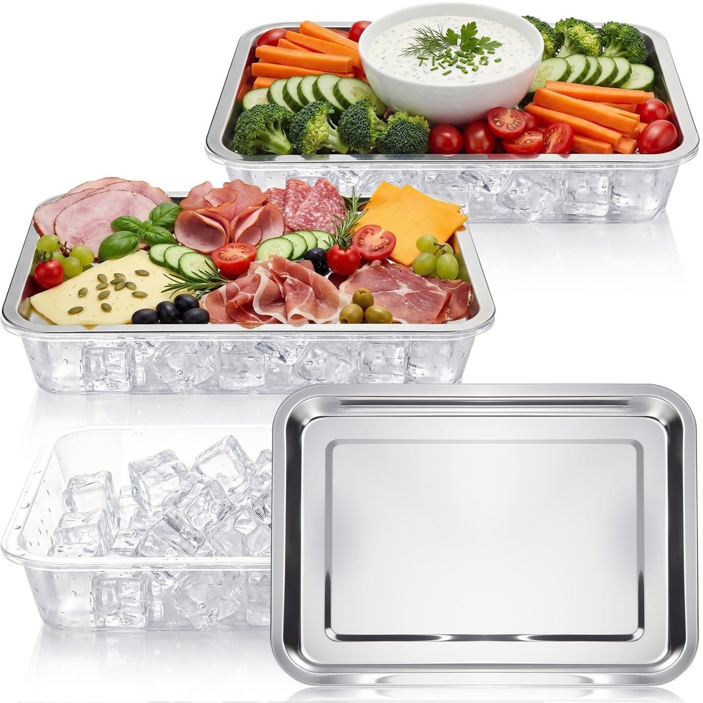 FoldTier 3 Set 14.2" Chilled Serving Trays for Parties with Compartments Stainless Steel Ice Chilled Party Platter Charcuterie Serving Board Cold Dish Dip for Fruits Veggies Shrimp Cocktail