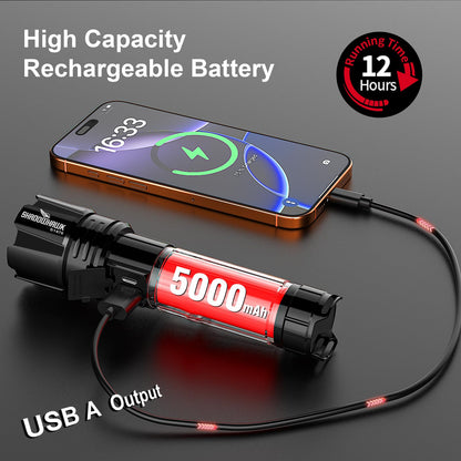 Shadowhawk Rechargeable Torch, 500000 Lumen Torches LED Super Bright, 5000 mAh Long Lasting, Adjustable Focus, IP67 Waterproof, 5 Modes, Powerful Handheld Flashlight for Power Cuts, Camping, Emergency