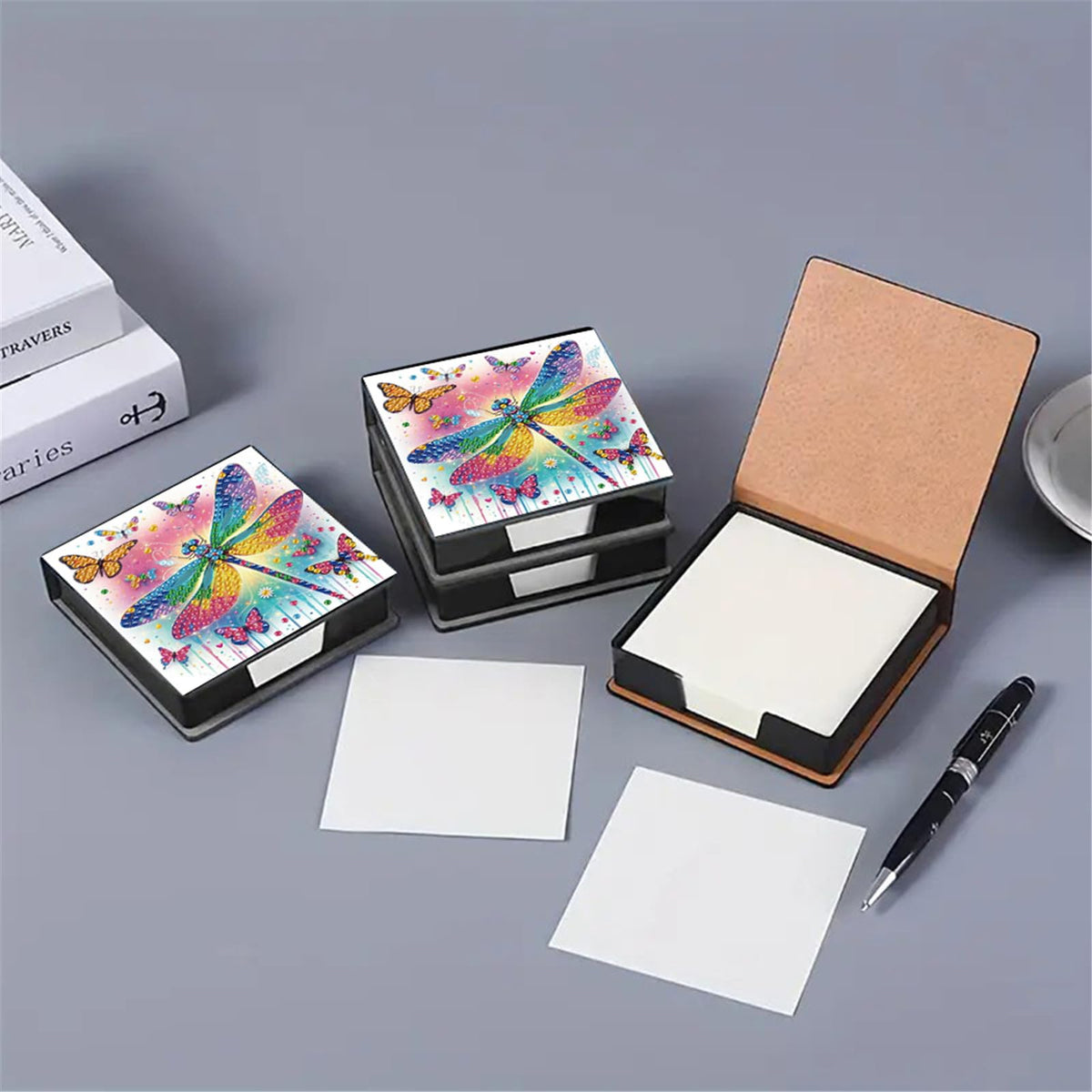 POETRYDRAW 5D DIY Diamond Art Painting Notecard Box Dragonfly– Memo Pad Sticky Note Holder with 160 Sheets, Gem Art Notecard Organizer for Adults