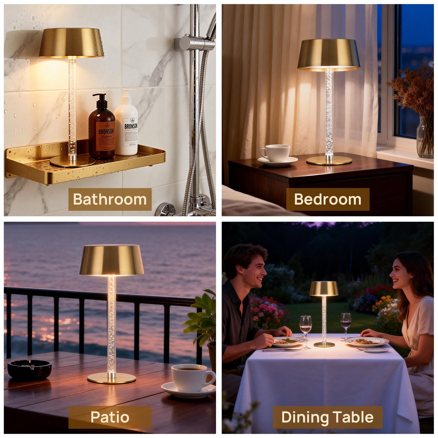 SisiHokai Waterproof Shower Rechargeable Lamp Cordless, LED Touch Battery Operated Table Lamp, Dimmable, Modern Home Decor, Outdoor, Patio, Bathroom, Bedroom, Bedside, Kitchen, Gold