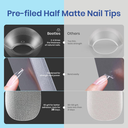 Beetles Gel Nail Extension Kit Almond Shape, Easy 9 in 1 Glue Uv Led Set Etch X Nail Tips Short Almond Half Matte Tips, Gift for Women & Girls, 504 pcs