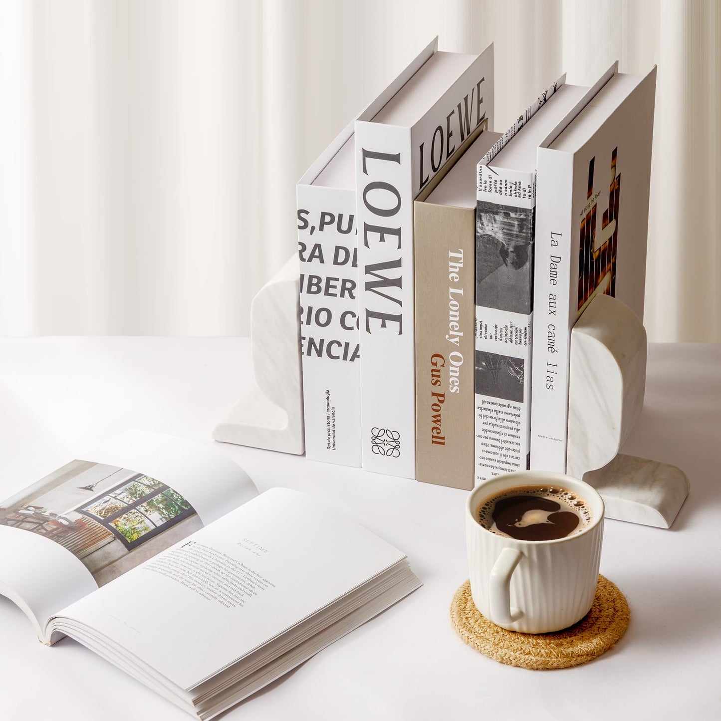 WORHE Marble Bookend for Shelves, Large Book Shelf Holder for Heavy Books, Natural Stone Book Stopper for Books CD Movies, Aesthetic Decorative Book Ends, Bookshelf Table Home Decor White (WH089)