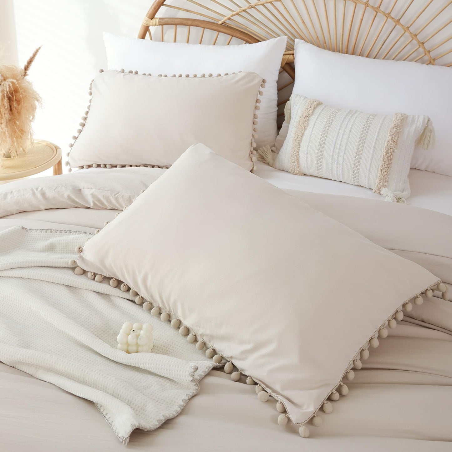 YIRDDEO Queen Comforter Set - Comforter Queen Size Sets with Ball Pom Fringe, Soft Bedding Set for All Seasons - 3 Pieces, 1 Comforter (90"x90") & 2 Pillow Shams (20"x26"), Beige