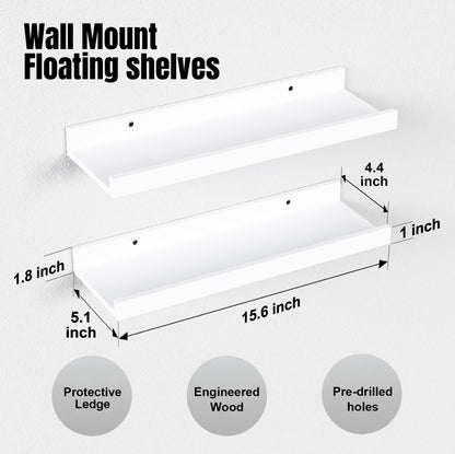 Boswillon Floating Shelves Wall Mounted Set of 2, Modern White Shelves for Bedroom, Nursery Shelves with Lip, Display Picture Ledge Shelf for Wall Decor Living Room Bathroom Kitchen - White