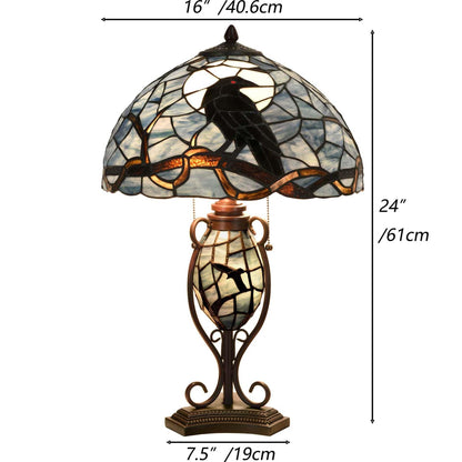 Bieye L10954 Raven Sitting on Bare Tree Branch in Full Moon Night Tiffany Style Stained Glass Table Lamp for Home Decor (Dark Blue, 16Wx24H)