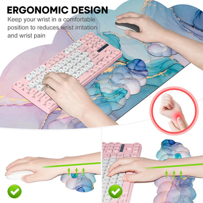 JIKIOU Large Cloud Mouse Pad Waterproof with Cloud Keyboard Wrist Pad and Cloud Mouse Wrist Pad Set, Ergonomic Computer Desk Wrist Support Mousepad for Keyboard and Mouse 35.4x15.7in Marble Blue