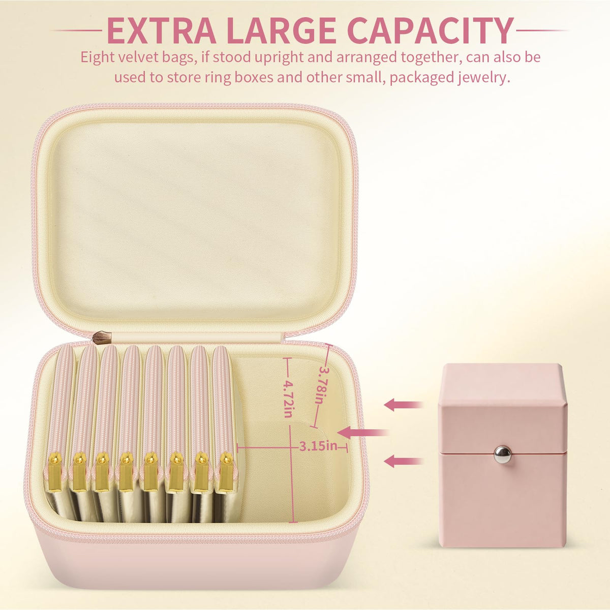GWCASE Travel Jewelry Case with 8 Clear Tangle-Free Velvet Pouches, Large Capacity Jewelry Organizer Bag with Extra Space for Ring Box Watch, Waterproof PU Leather Pink Box for Women, Long Trips