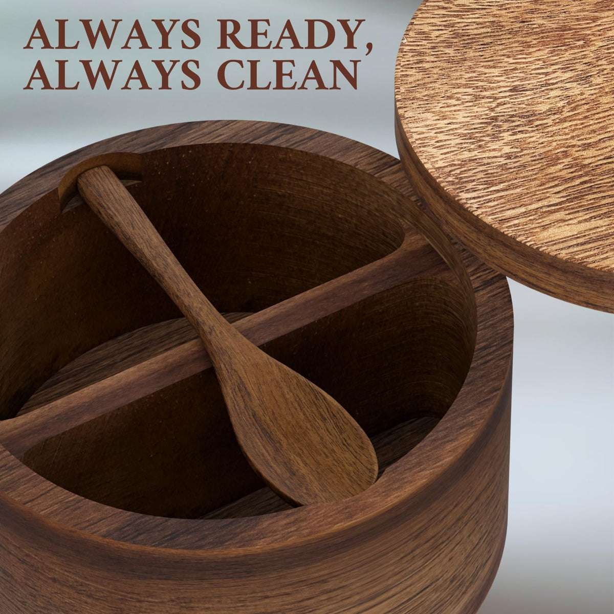 Vorisebo Acacia Wood Salt Container with Built-in Spoon, Elegant Salts Holder with Magnetic Swivel Lid, Salt Box for Kitchen to Storage Pepper, Spice or Favorite Seasonings, 5OZ (Two Compartments)