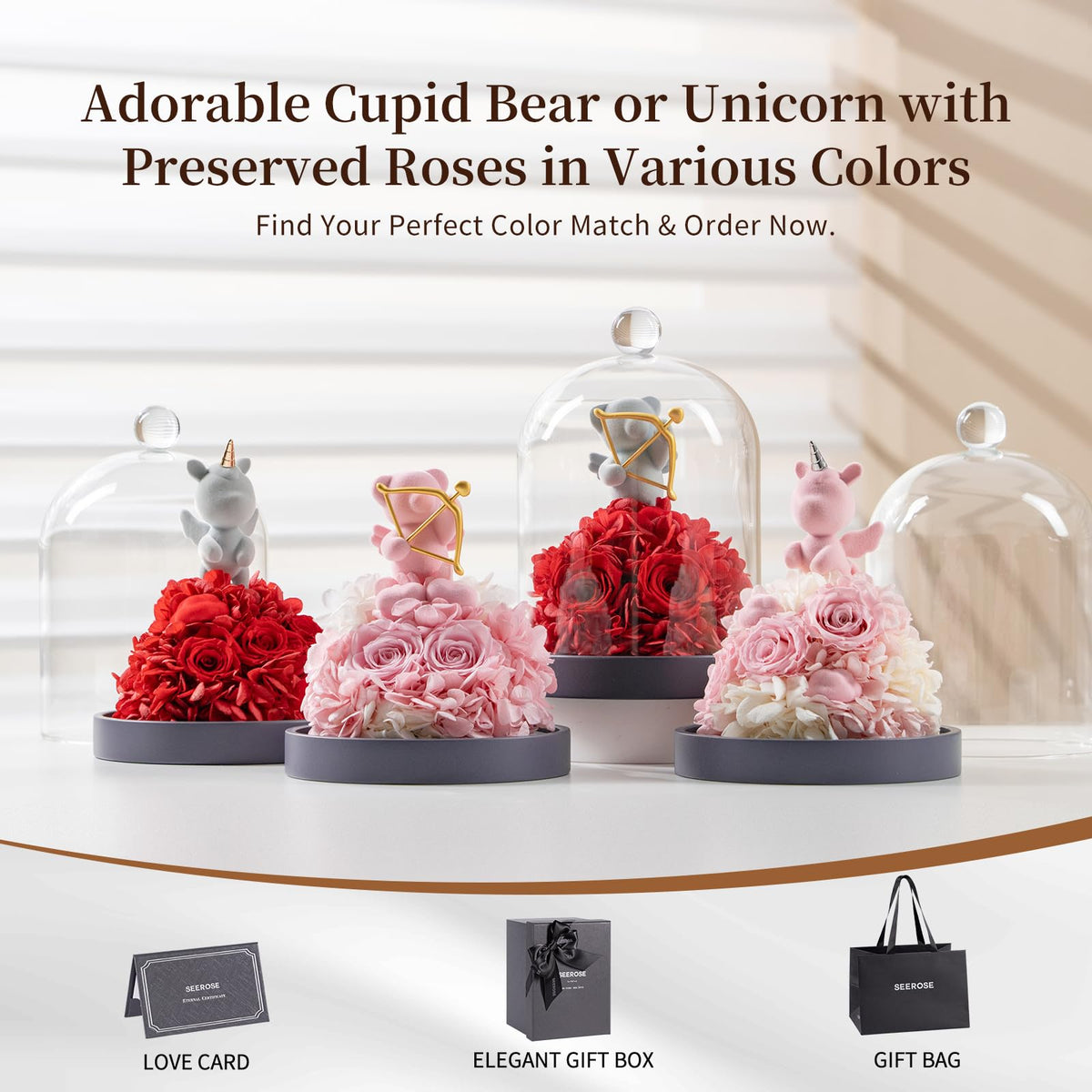 SEEROSE Preserved Roses in Glass with Cupid Rose Bear, Real Forever Rose with Elegant Gift Box, Cute Valentine's Day, Anniversary, Birthday Gift for Her Wife Girlfriend Mom (Cupid Bear, Red)