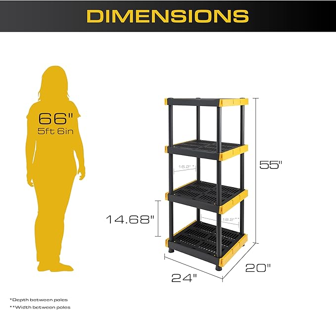 BLACK & YELLOW 4-Tier Heavy Duty Plastic Storage Shelves that Support up to 100lbs/shelf, Organization and Storage, Weather-Resistant Design, Easy Assembly, Made in The USA (55H x 24W x 20D)