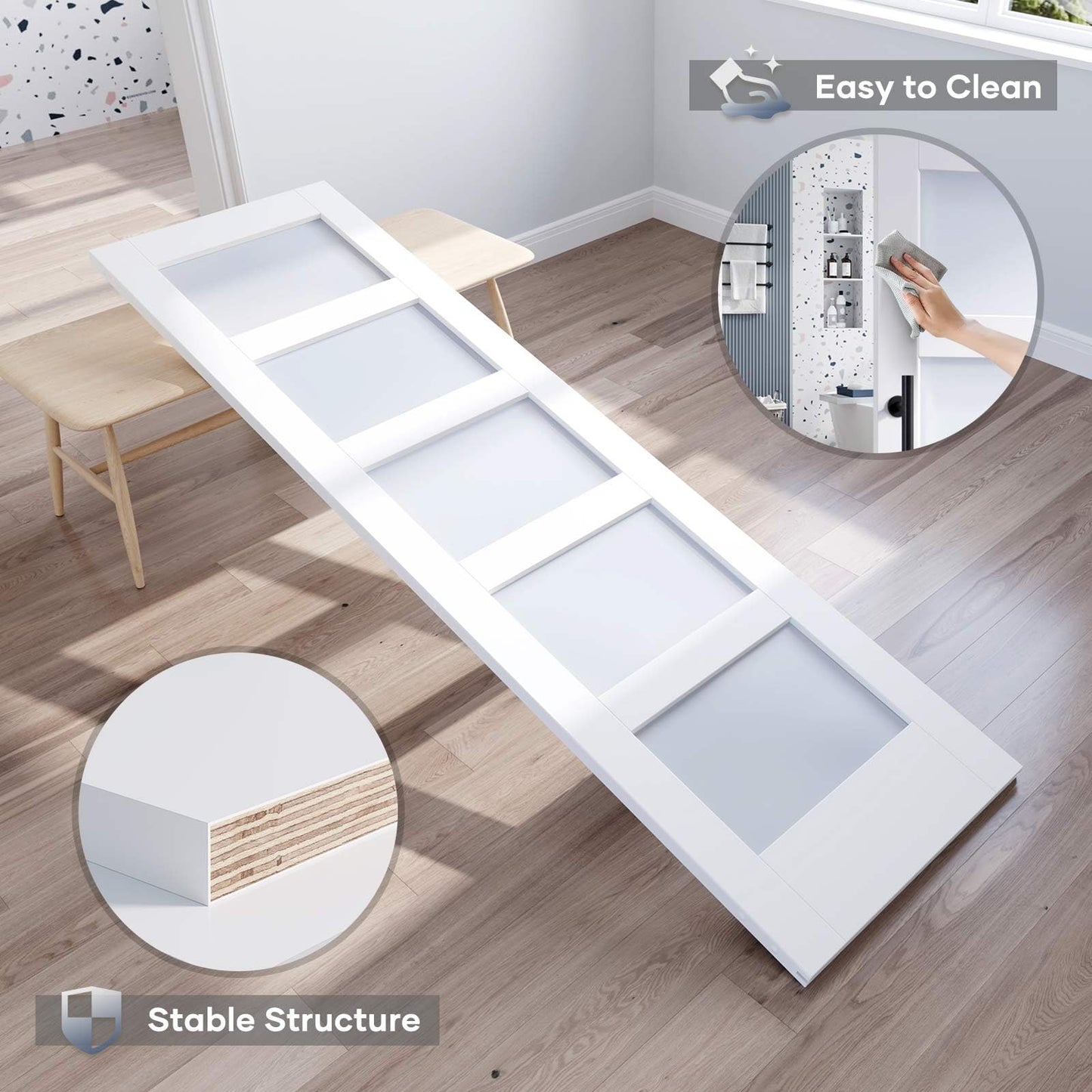 ROYMELO 32x96 Inch Glass Sliding Barn Door Slab and 5.5ft Hardware Kit Included, 5 Frosted Glass, LVL Wood Panel Covered with White Water-Proof Scratch-Proof PVC Surface, Simple DIY Assembly