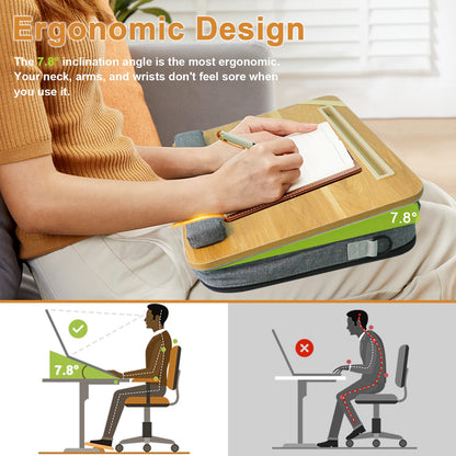 AMFIYQ Lap Desk for Laptop Stand with Cushion, Adults with Storage Fits Up to 15.6in, Combines Features Bag and Pillow Table by Travel, Portable Workstation for Home College Office(Light Brown)