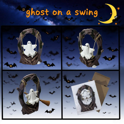 T Starlight Bright Q Swinging Ghost on Tree Swing, Cute Swinging Ghost Halloween Figurine Indoor Decoration, Desktop & Bookshelf Decor, Outdoor Courtyard Garden Decoration, Halloween Ghost Gift