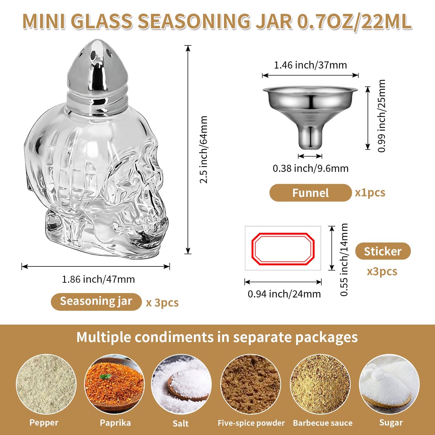 3 Pack 0.7oz/22ml Mini Skull Glass Salt and Pepper Shaker Set, Clear Seasoning Bottle with Metal Lid, Stainless Steel Funnel & Labels, Unique Skull Spice Jar for Kitchen (Silver lid)