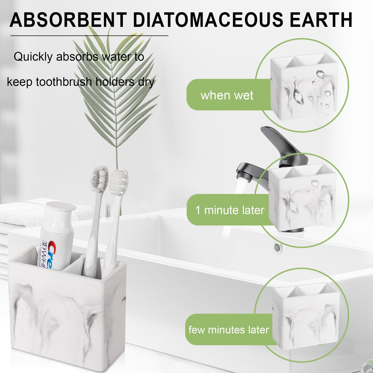 Diatomite Toothbrush Holders for Bathrooms, Electric Toothbrush and Toothpaste Holder Tooth Brush Organizer for Bathroom Countertop, Shower, Vanity - Marble White