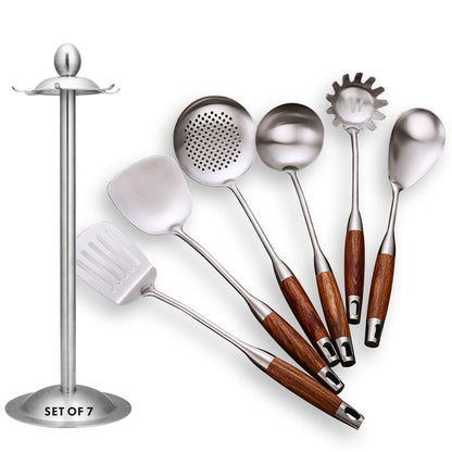 GXONE Cooking Utensils Set,7pcs 304 Stainless Steel Kitchen Utensils Set with Holder,Heat Resistant Wooden Handle Kitchen Tools