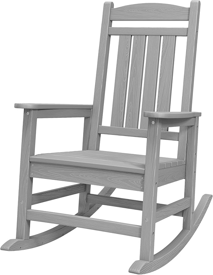 SERWALL Oversized Outdoor Rocking Chair, All-Weather Patio Rocking Chair, HDPE Porch Rocker for Adults, Light Gray