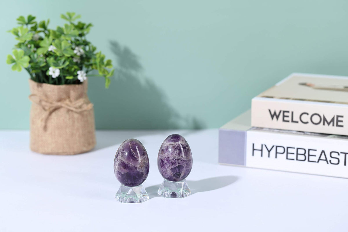Jovivi Natural Amethyst Egg Sphere Sculpture Reiki Healing Crystal Gemstone Ball Divination Figurine with Acrylic Stand for Home Decoration