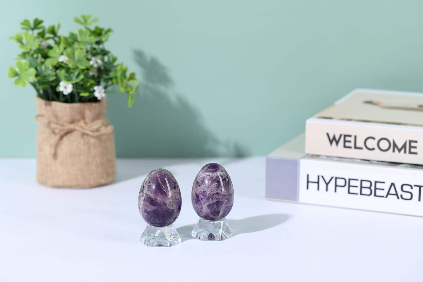 Top Plaza Healing Crystals Amethyst Stone Decors Carved Polished Natural Gemstone Egg Statue Figurines with Acrylic Stand Home Living Room Bedroom Room Decoration