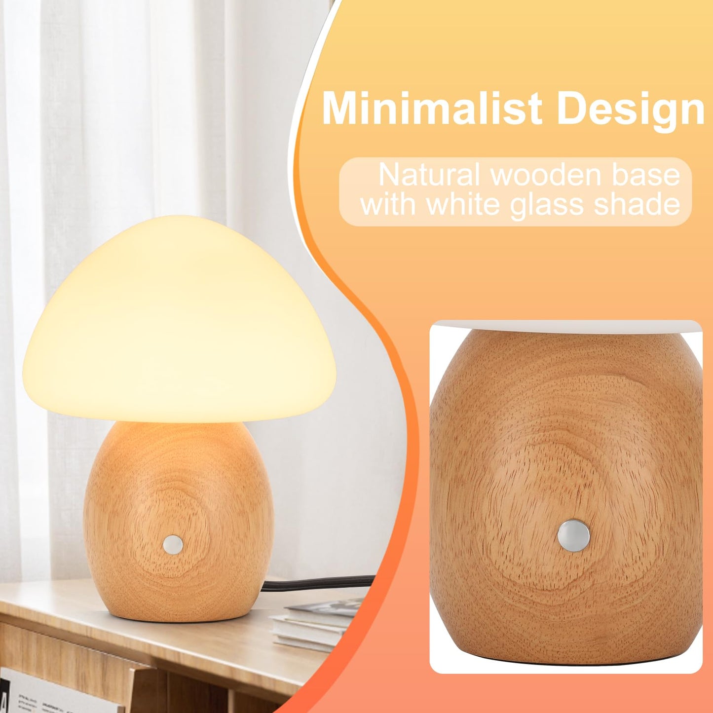 BNYFDC Mushroom Lamp with Touch Control Switch, Small Wooden Table Lamp with Glass Shade, 3 Way Dimmable Nightstand Lamp for Bedroom, G9 LED Bulb Included (Nature Wood&Opal White Glass Shade)