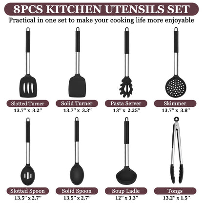 TeamFar Kitchen Utensils Set of 8, Silicone Utensils Kitchen Tools Set with Stainless Steel Handle, for Frying Serving Flipping Draining, Non-toxic & Heatproof, Nonstick & Dishwasher Safe - Black
