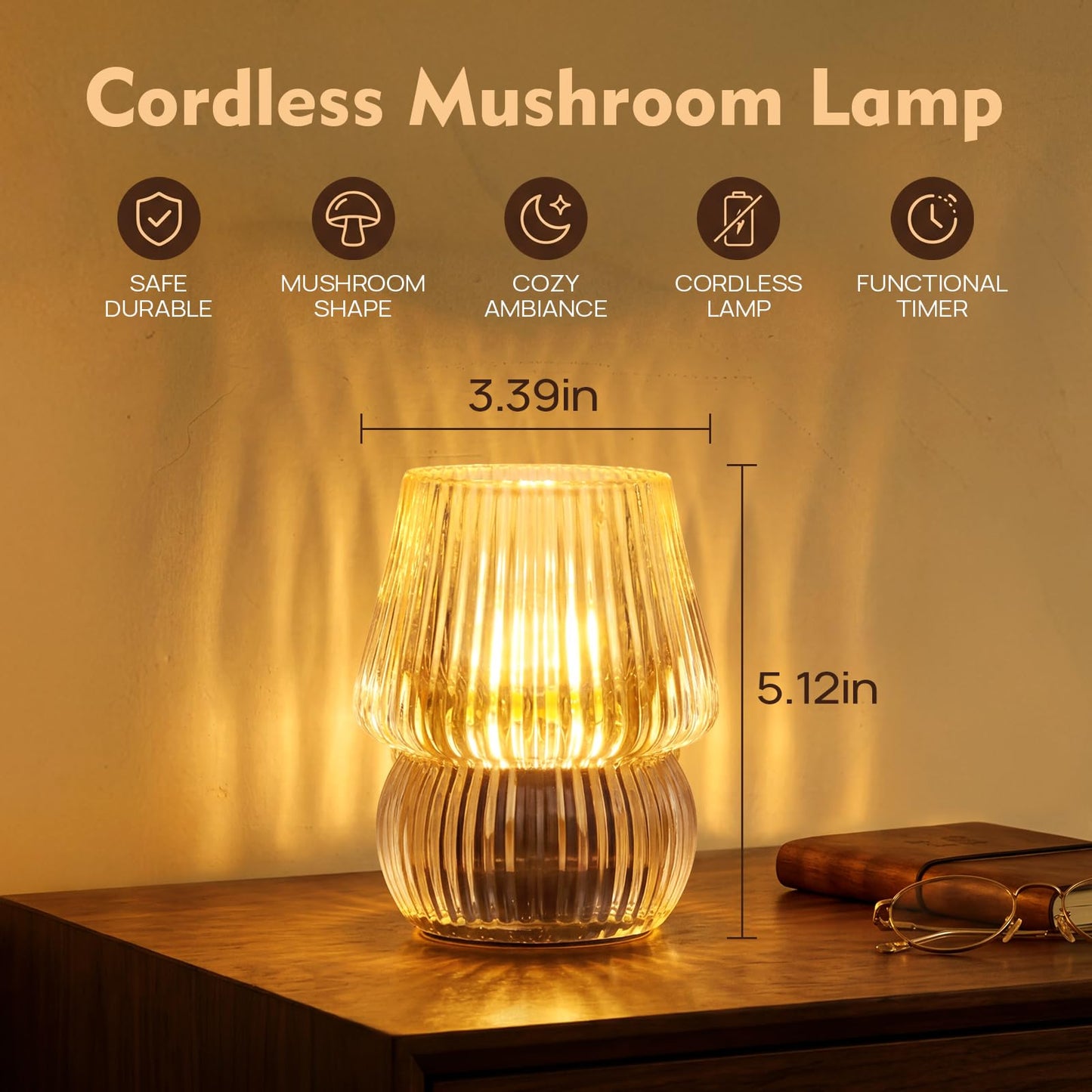 SisiHokai Small Battery Operated Lamp with Timer, Tiny Cordless Glass Table Lamp for Home Decor, Kitchen, Bathroom, Birthday Gift for Women, Mushroom, Amber