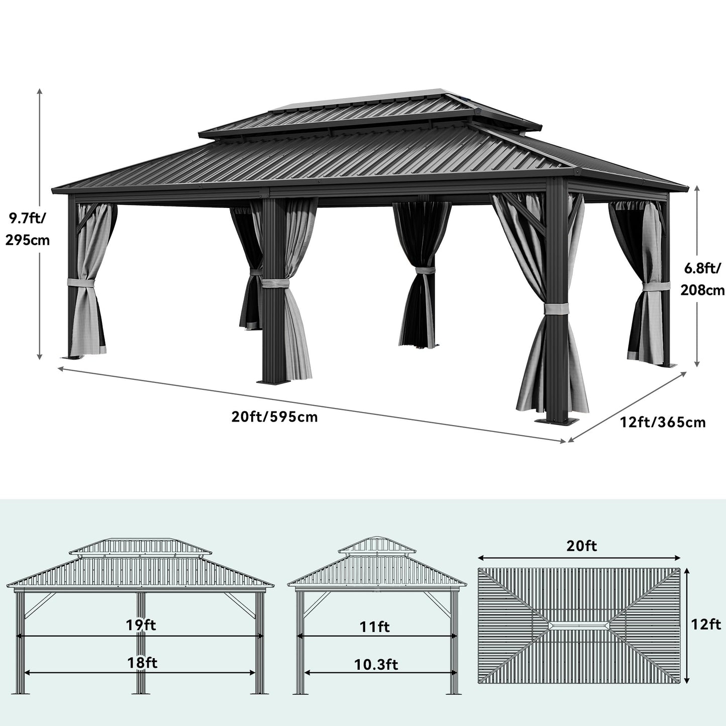 YITAHOME 12X20FT Gazebo Hard Top Patios Double Roof Aluminum Frame Garden Gazebo Tent Curtains Netting for Patios Backyards Decks Lawns Gray