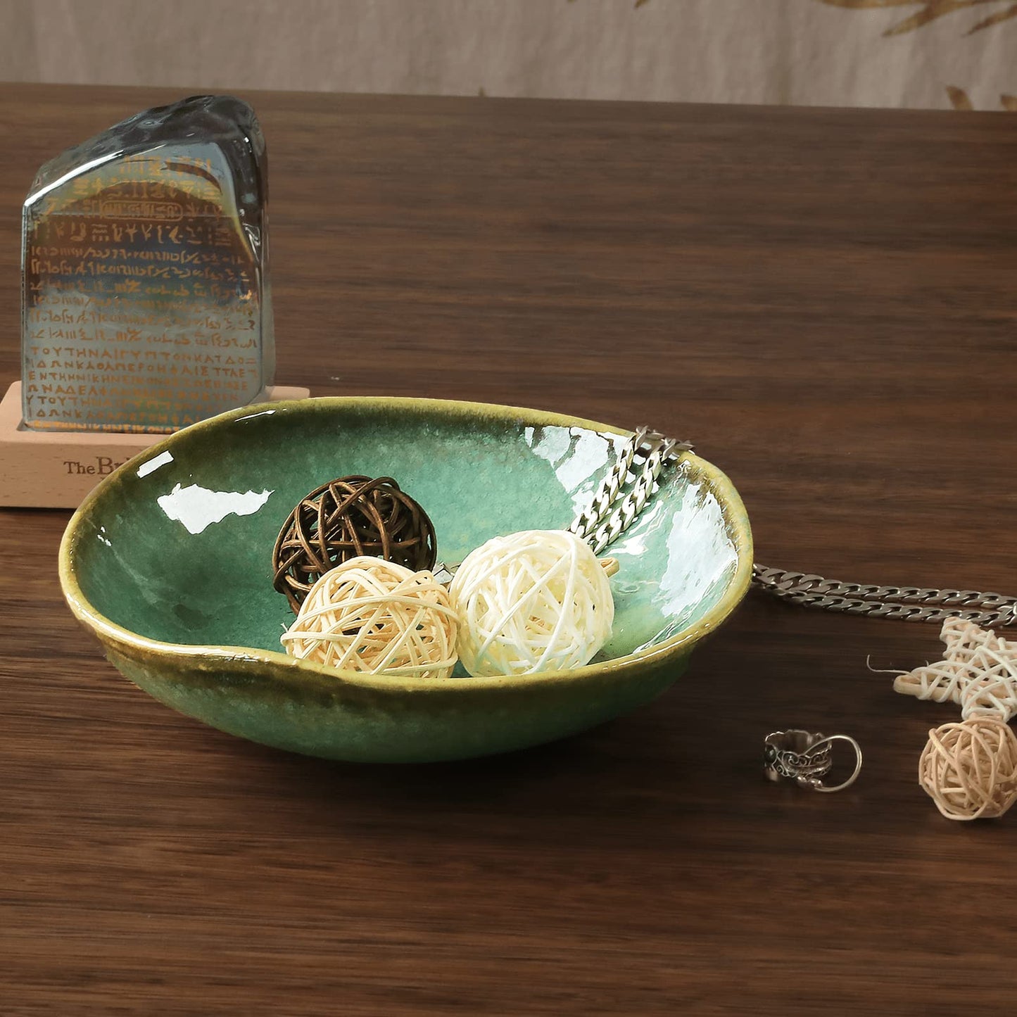 VOMANA Small Ceramic Decorative Bowl, 8" Green Reactive Glaze Candy Bowl, Trinket Dish Catchall Key Bowl for Entryway Table, Ring Holder Jewelry Dish, Home Decor Accent (8" Bowl)