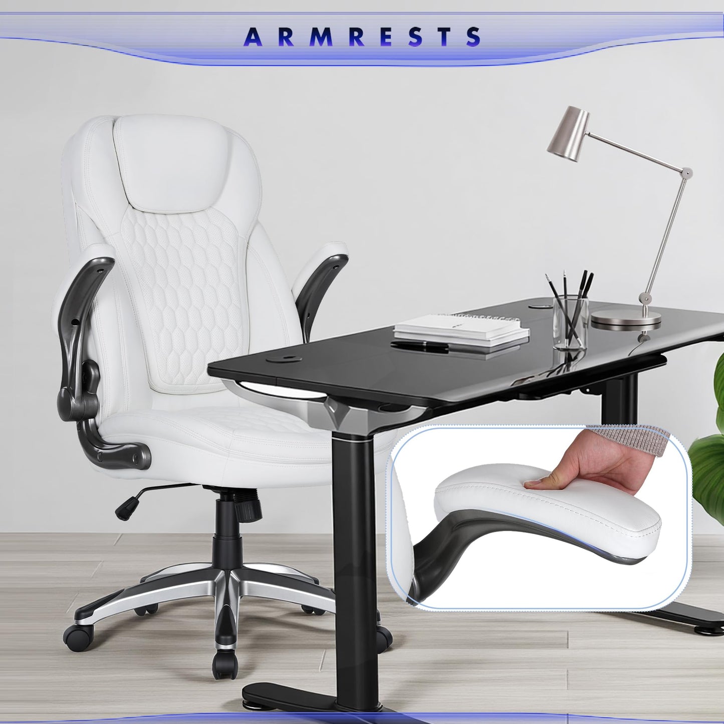 COLAMY Office Chair Ergonomic Desk Chair-Executive Office Chair with Upgraded Caters, High Back Computer Chair Flip-up Arms, Strong Metal Base, Swivel Leather Chair for Work/Study, 300lbs, White