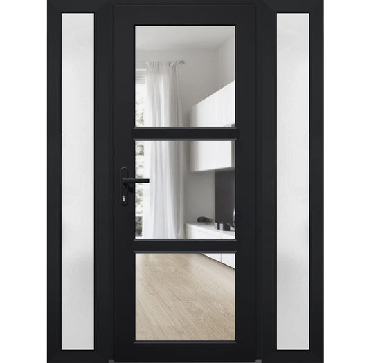 VDOMDOORS Front Exterior Prehung Fiberglass Door Clear Glass/Manux 8555 Matte Black Clear Glass / 2 Side Exterior Windows / W16+36+16 x H80-Right-hand Inswing